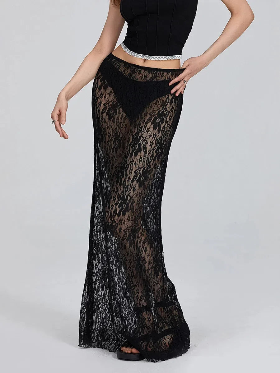 Lace Sheer Low Rise Maxi Skirt - KAYSMAR