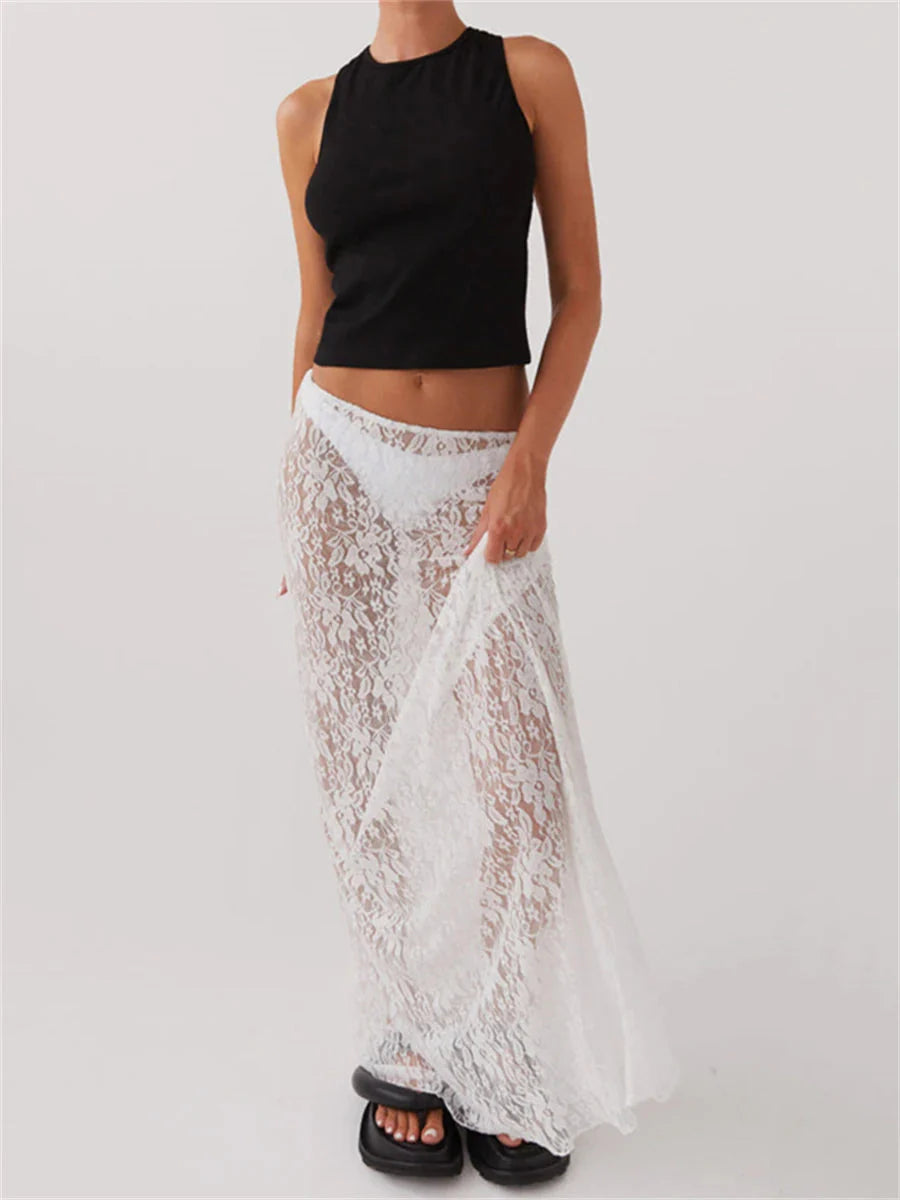 Lace Sheer Low Rise Maxi Skirt - KAYSMAR