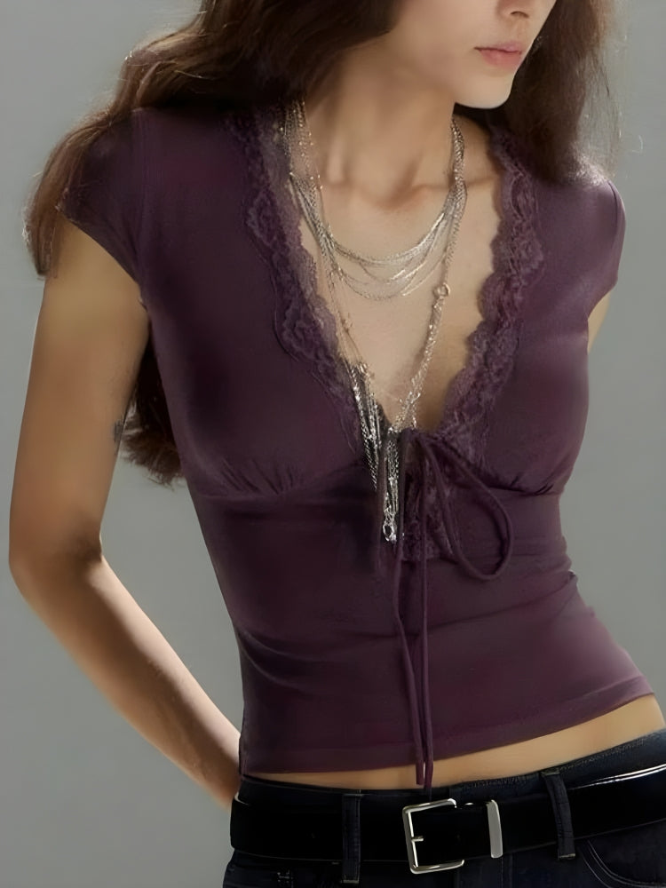 Lace Trim Tie Front Top - KAYSMAR
