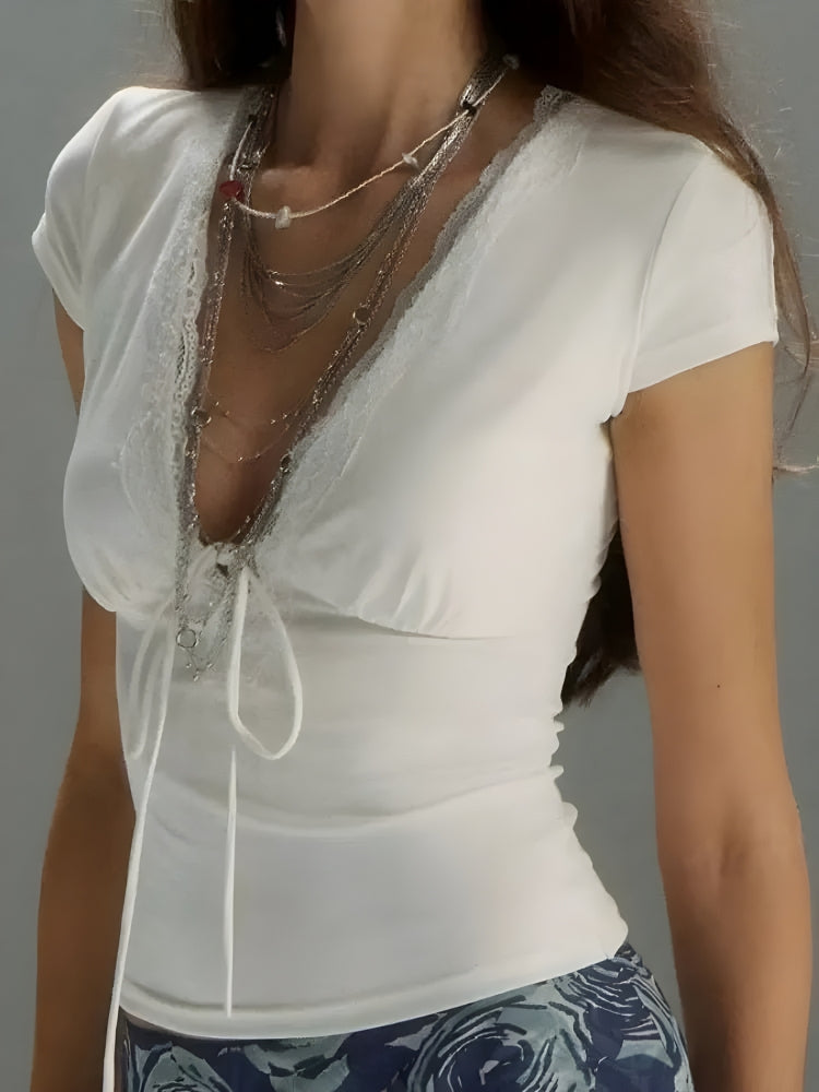 Lace Trim Tie Front Top - KAYSMAR