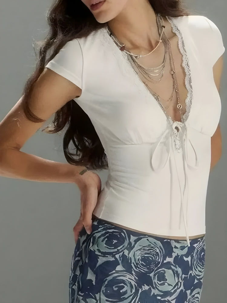 Lace Trim Tie Front Top - KAYSMAR