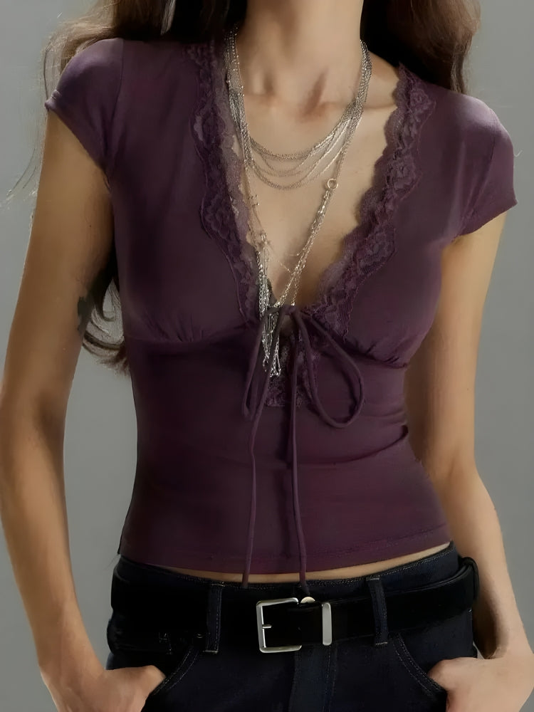 Lace Trim Tie Front Top - KAYSMAR