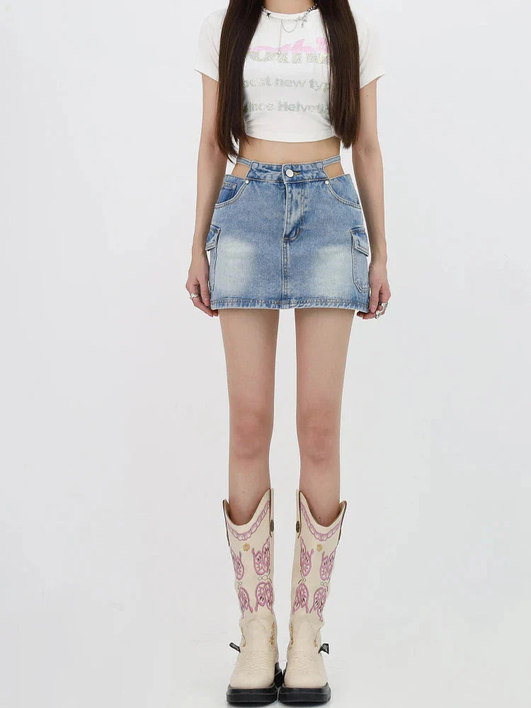 Lace Up Cargo Denim Mini Skirt - KAYSMAR