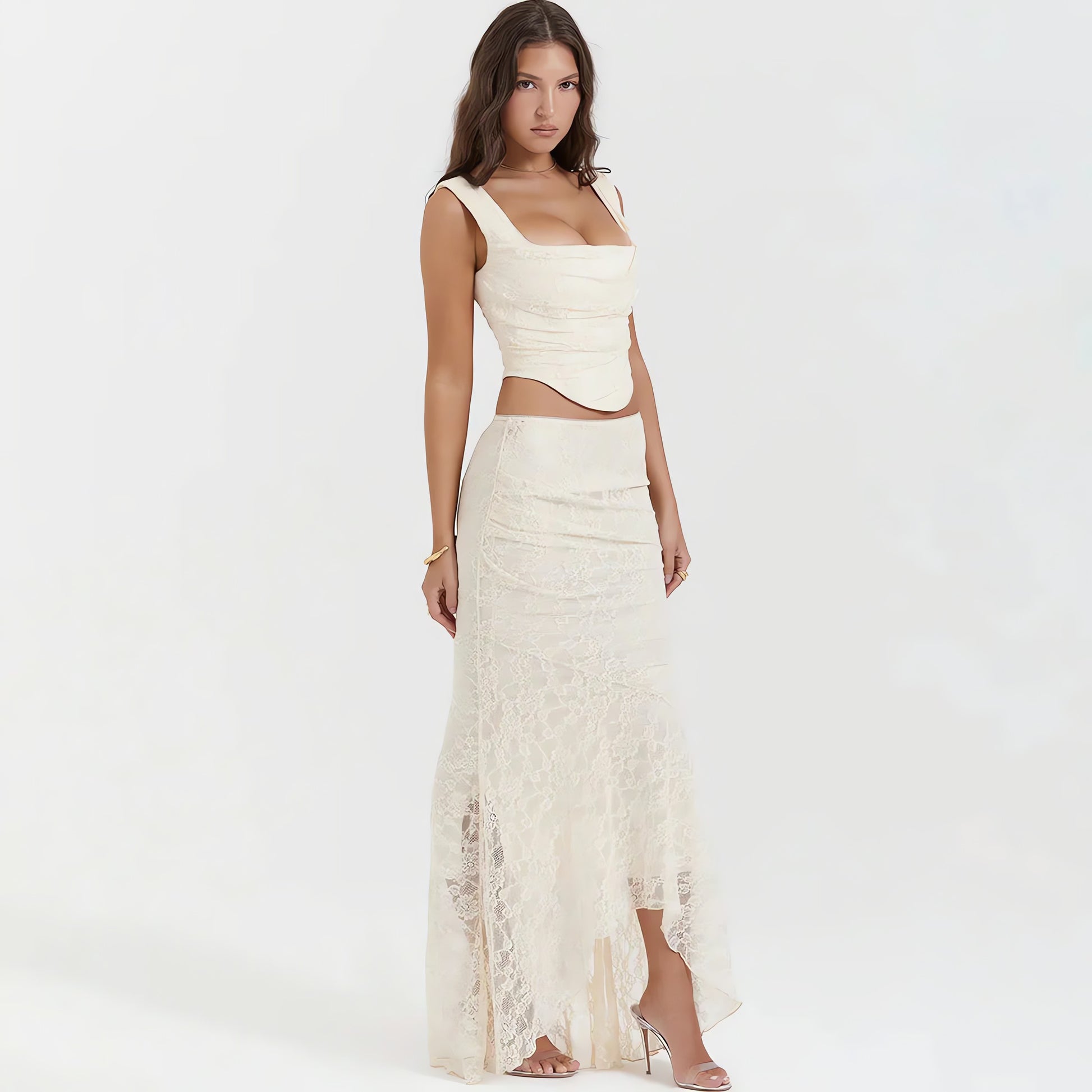 Lace Corset & Asymmetric Midi Skirt Two Piece Set - KAYSMAR