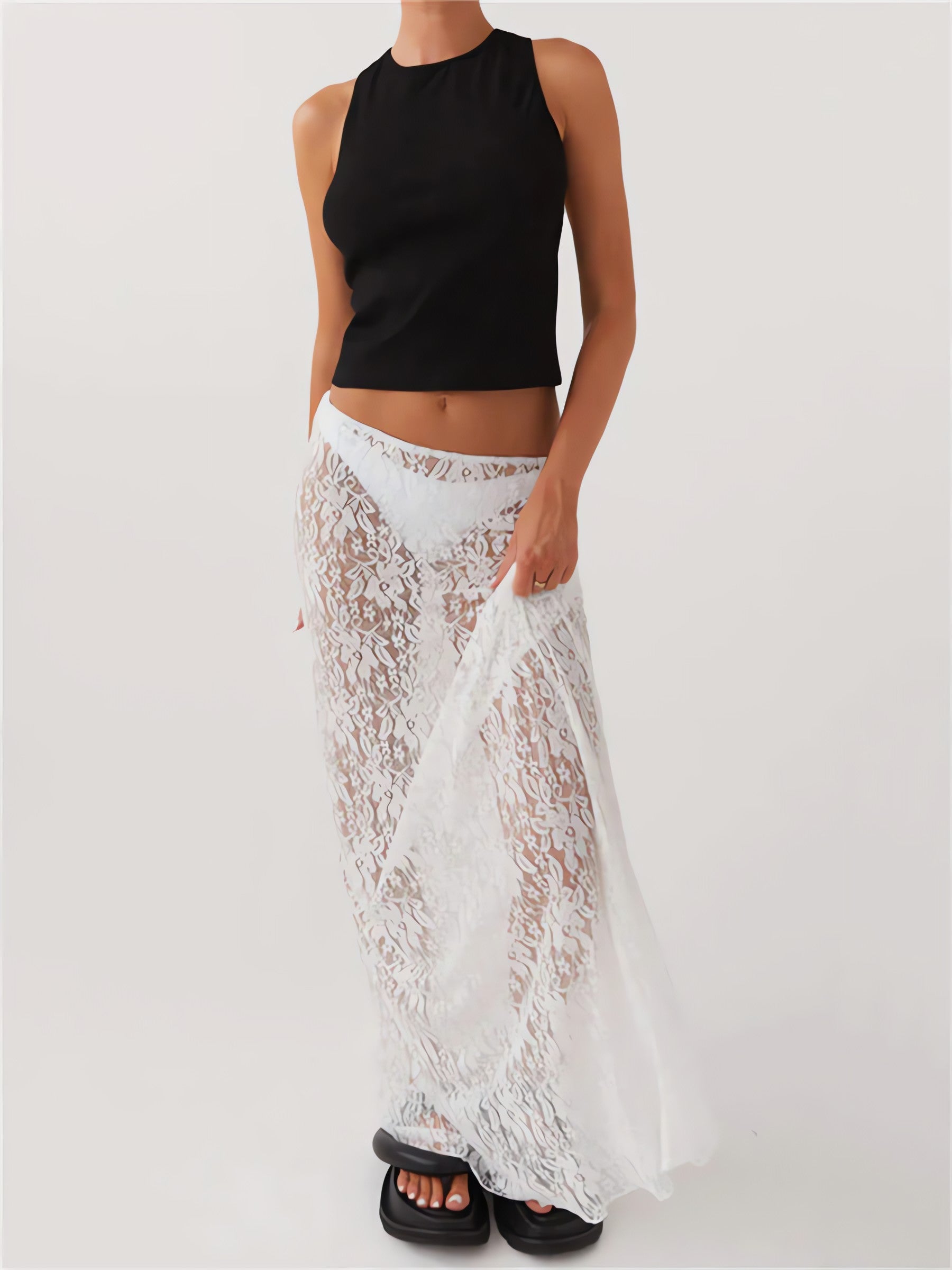 Lace Sheer Low Rise Maxi Skirt - KAYSMAR