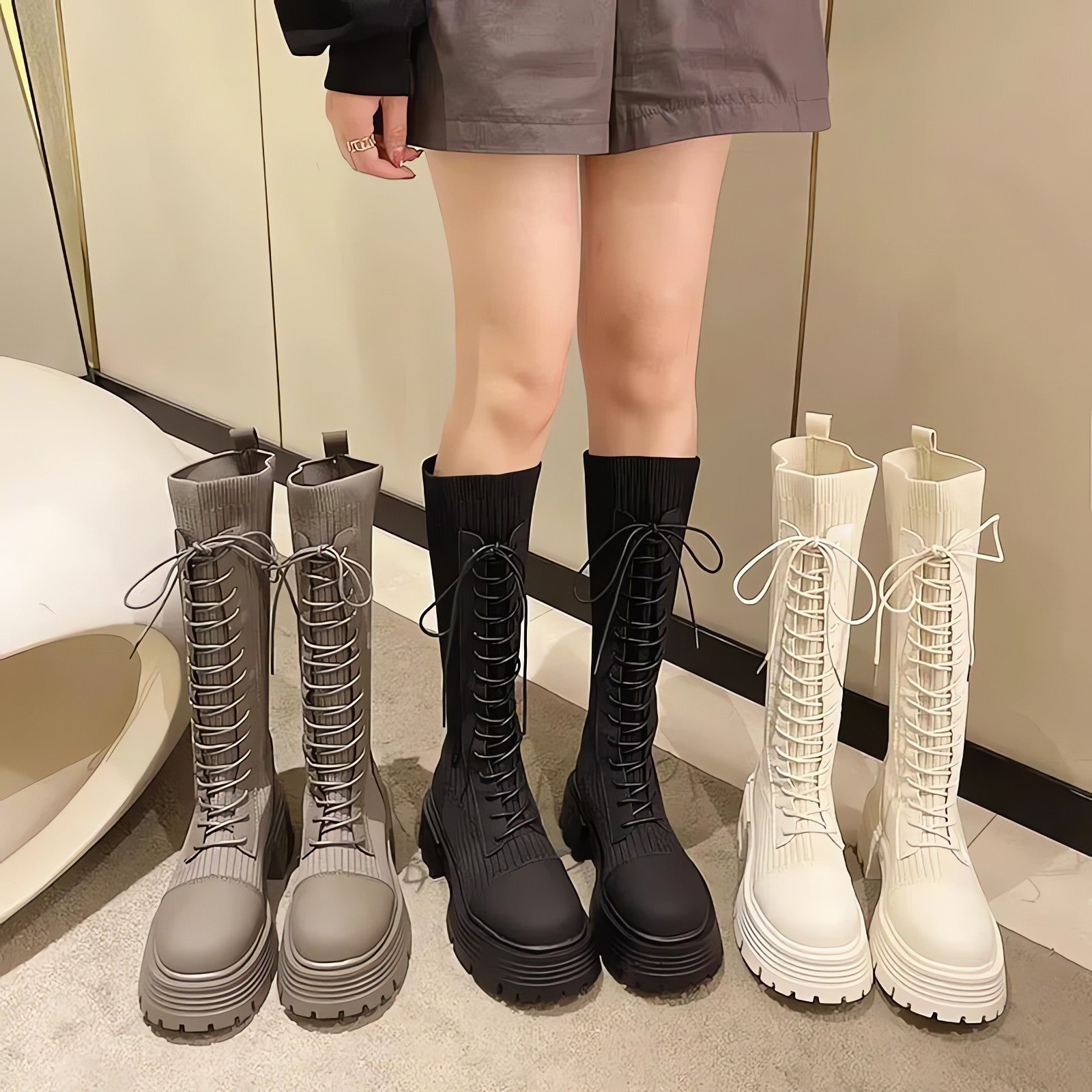 Lace Up Chunky Sock Boots - KAYSMAR