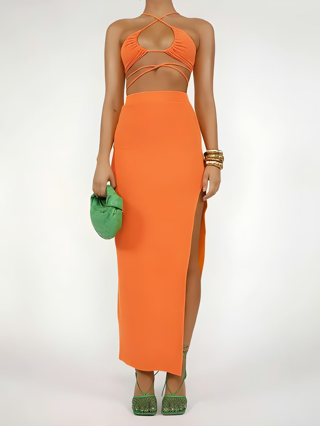 Lace Up Crop Top & Slit Maxi Skirt Two Piece Set - KAYSMAR