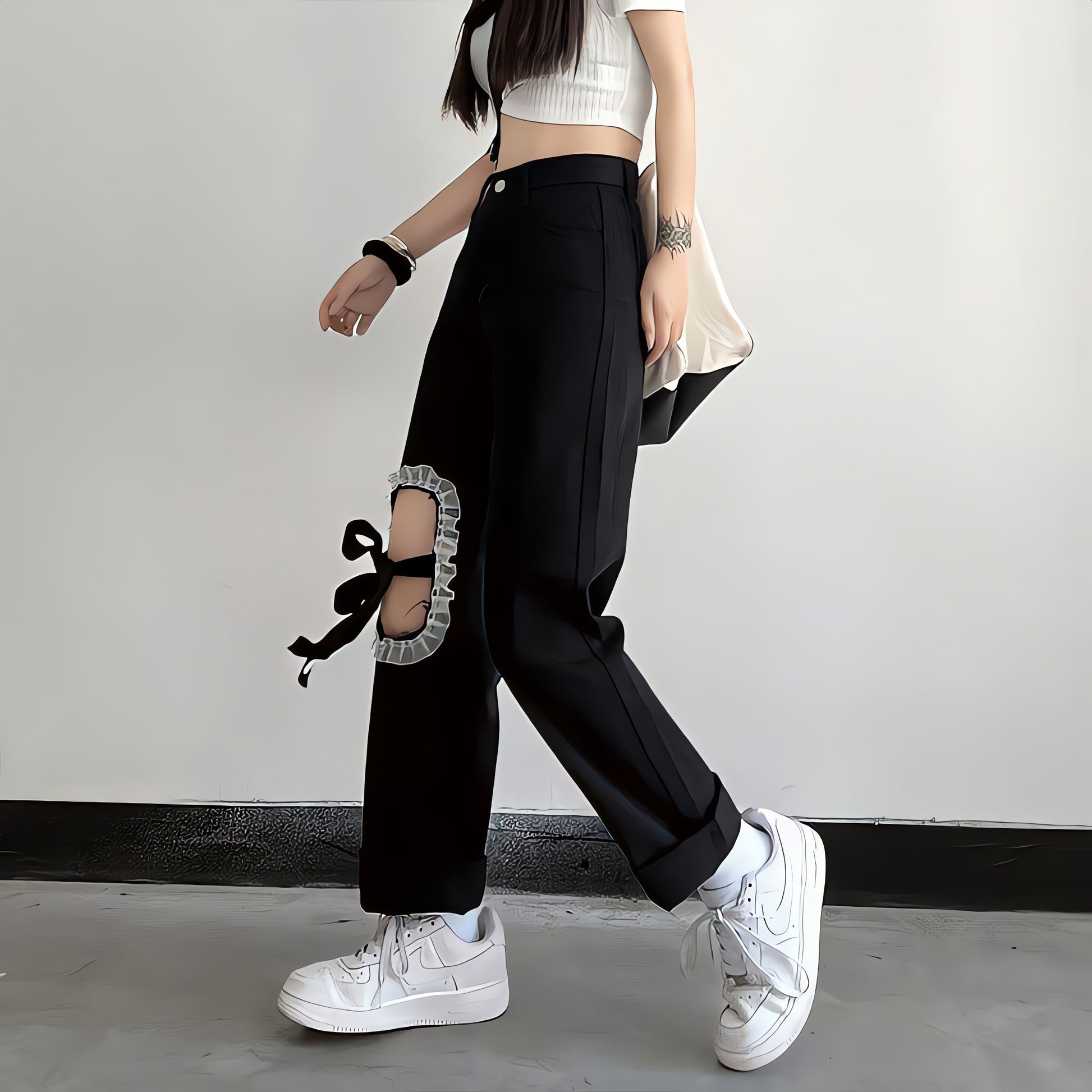 Lace Up Knee Washed Jeans - KAYSMAR