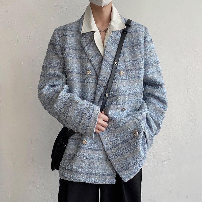 Lapel Collar Blue Tweed Blazer - KAYSMAR