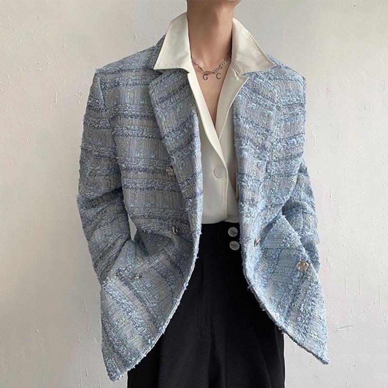 Lapel Collar Blue Tweed Blazer - KAYSMAR