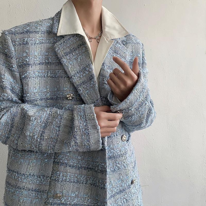 Lapel Collar Blue Tweed Blazer - KAYSMAR
