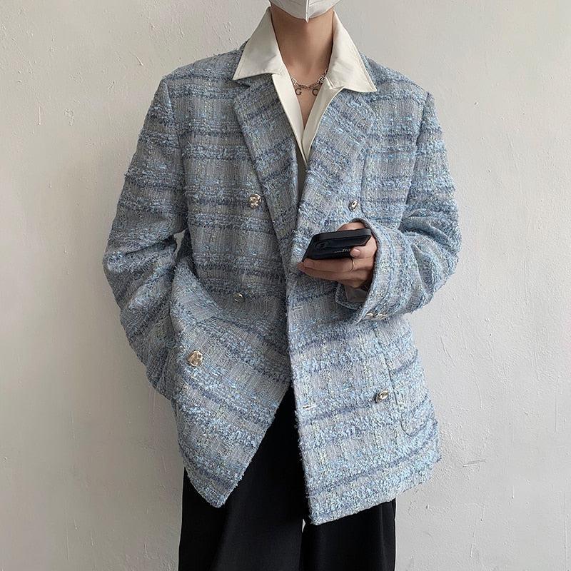 Lapel Collar Blue Tweed Blazer - KAYSMAR