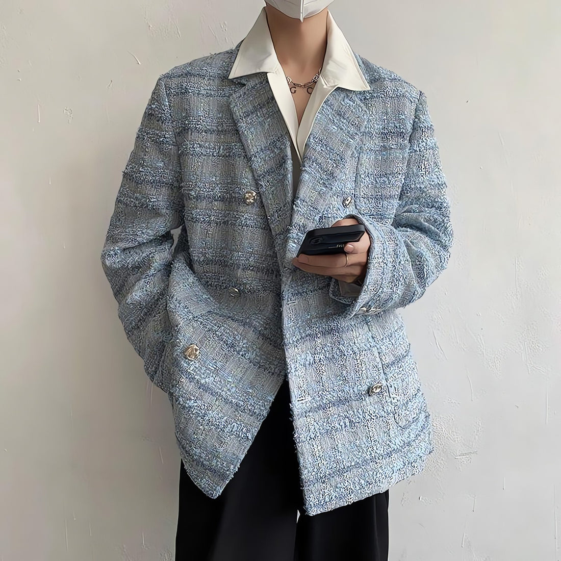 Lapel Collar Blue Tweed Blazer - KAYSMAR