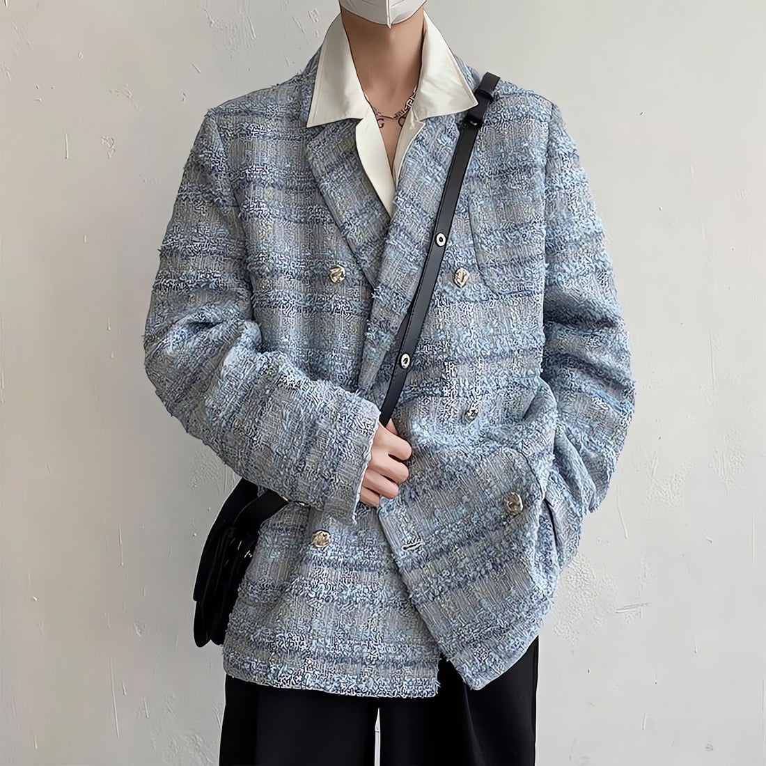 Lapel Collar Blue Tweed Blazer - KAYSMAR