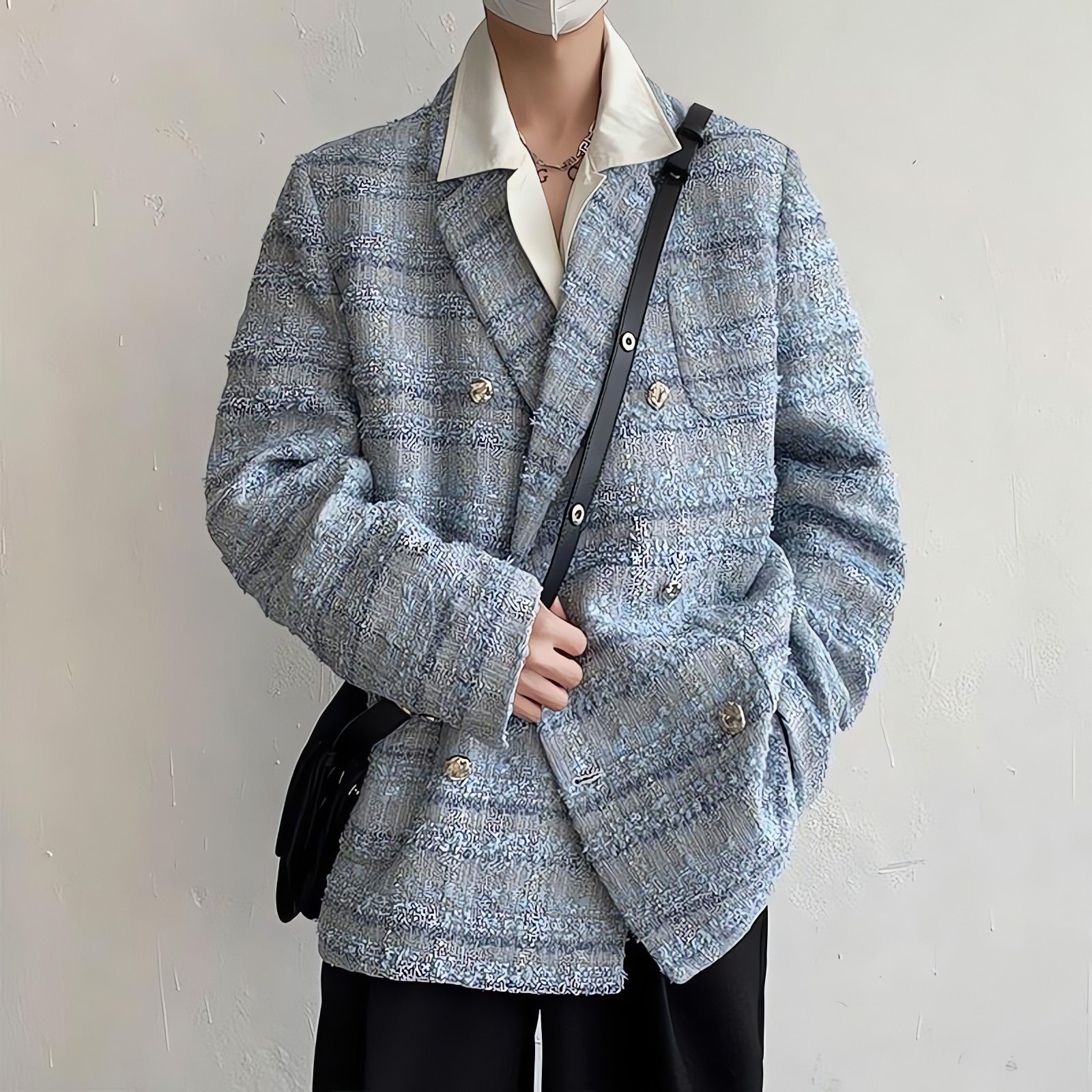 Lapel Collar Blue Tweed Blazer - KAYSMAR