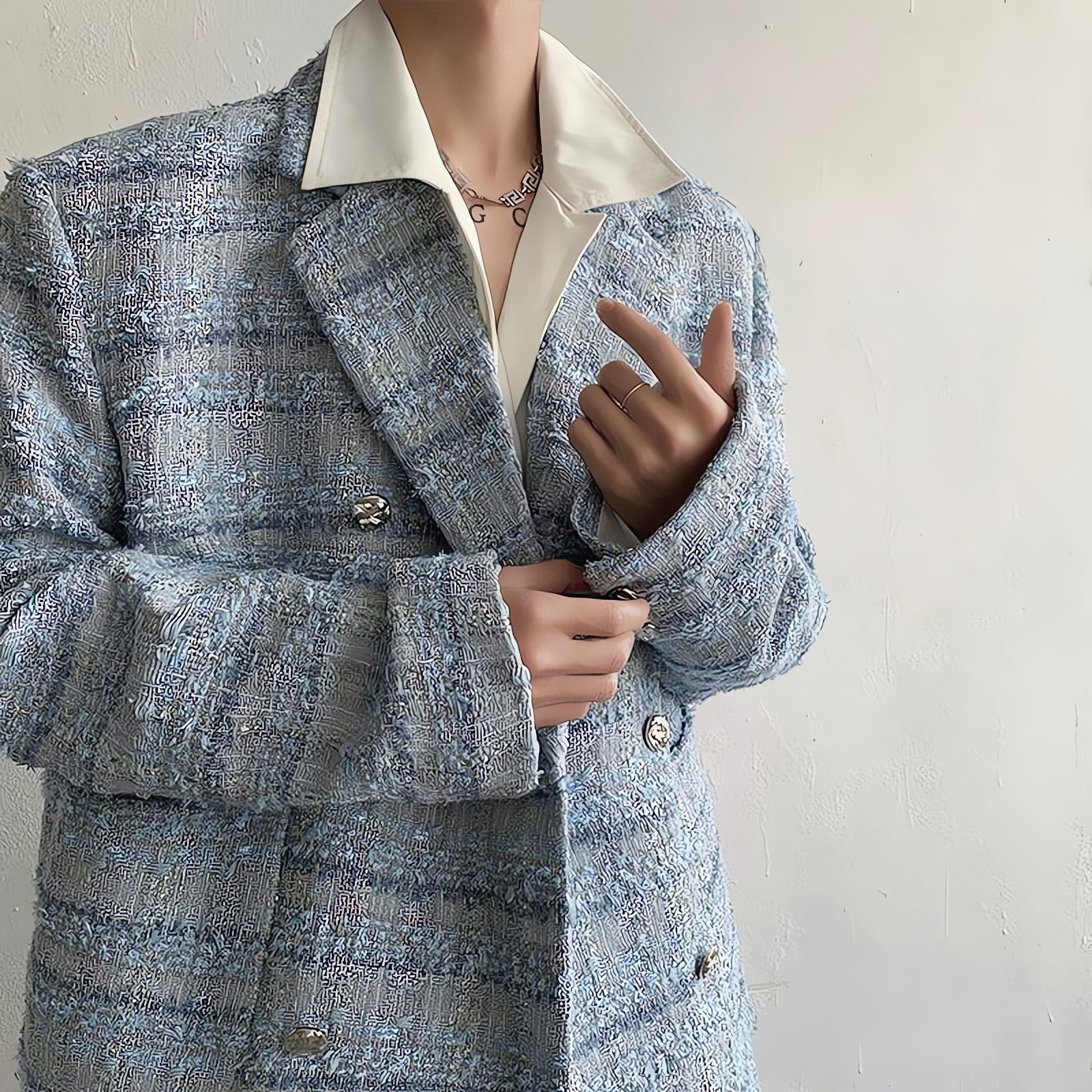 Lapel Collar Blue Tweed Blazer - KAYSMAR