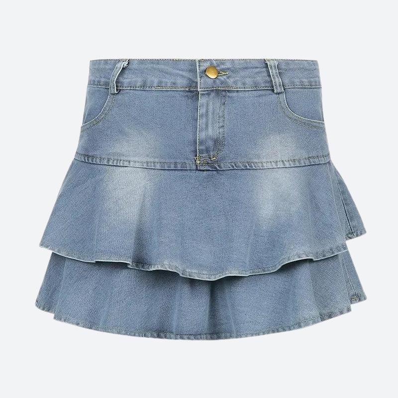 Layered Ruffled Denim Mini Skirt - KAYSMAR