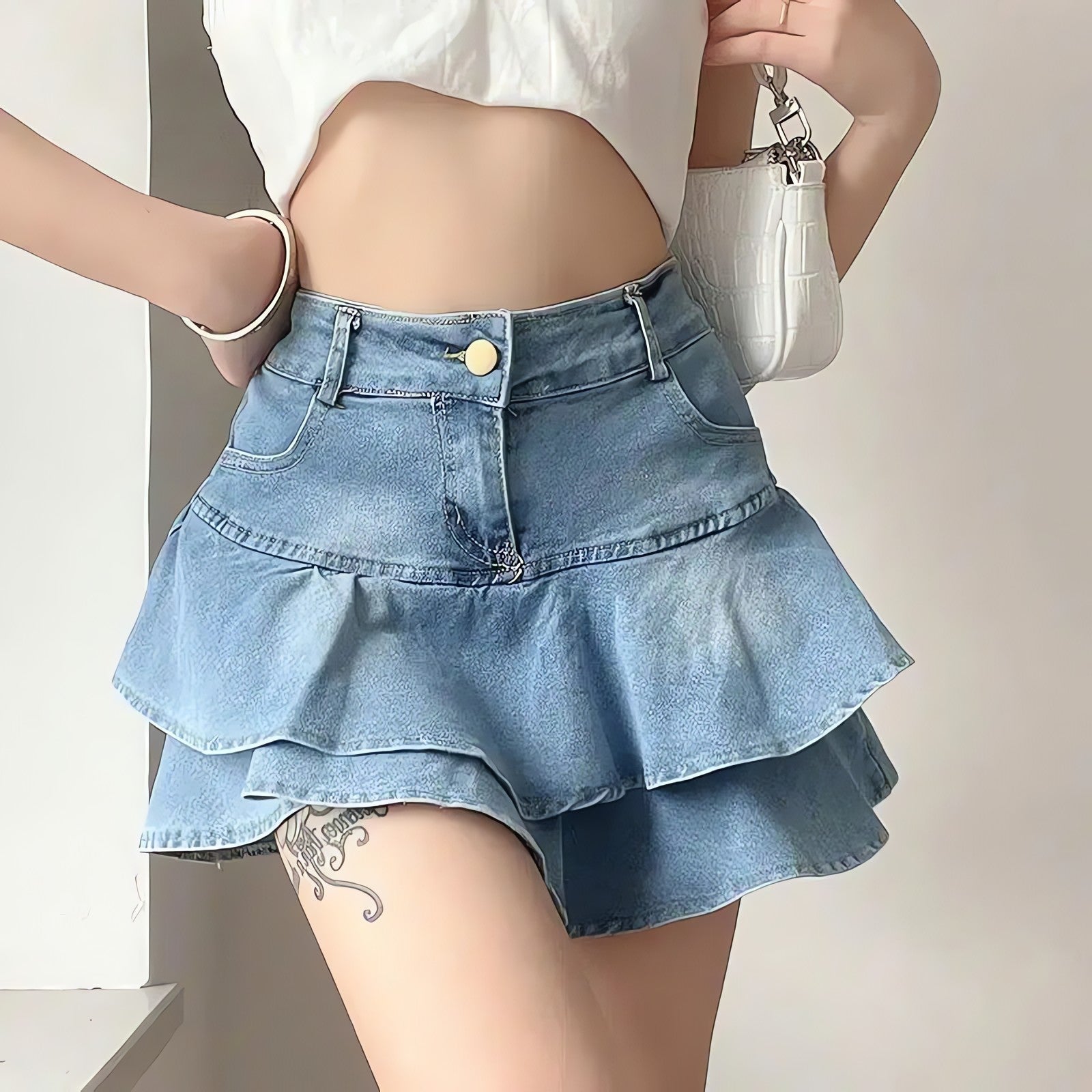 Layered Ruffled Denim Mini Skirt - KAYSMAR