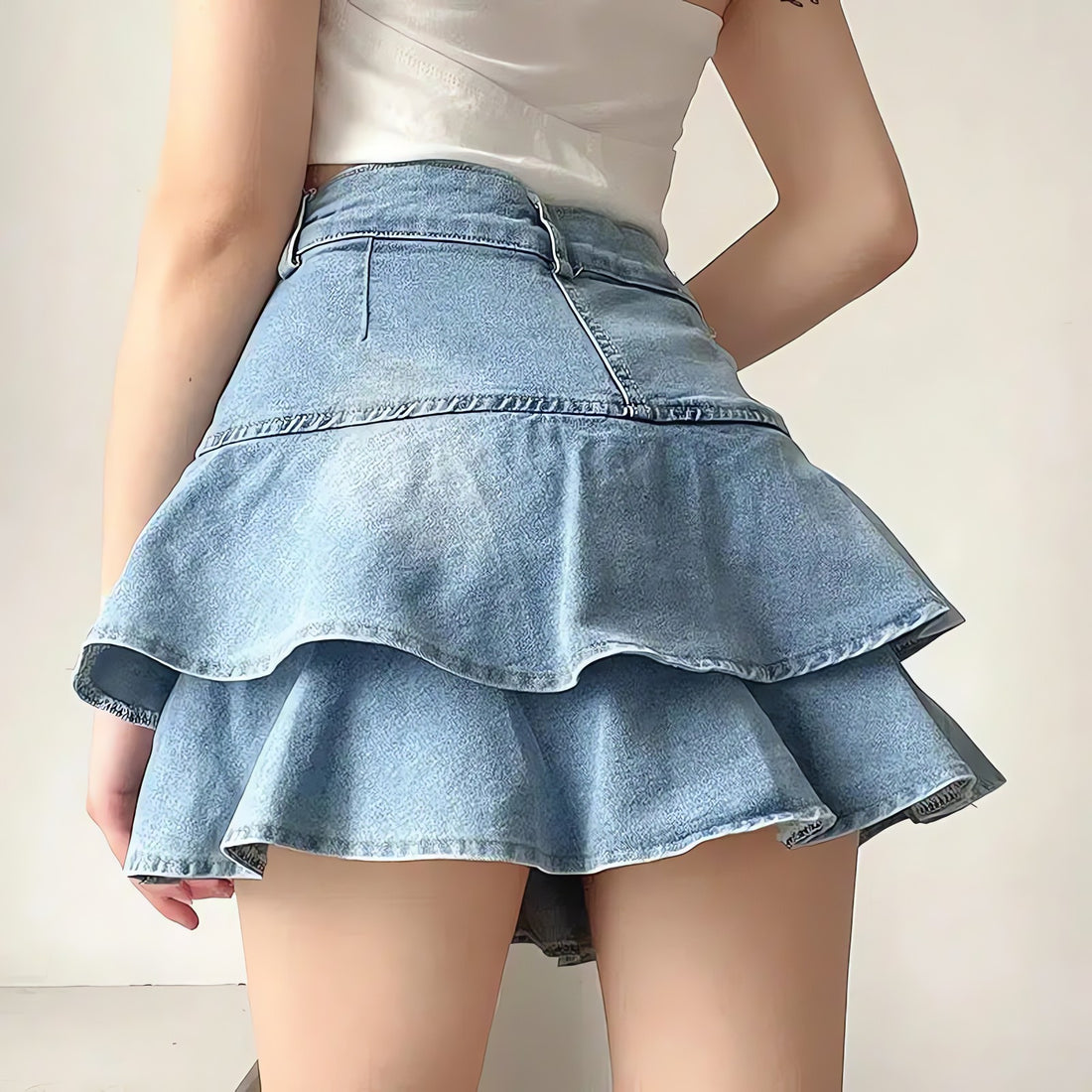 Layered Ruffled Denim Mini Skirt - KAYSMAR