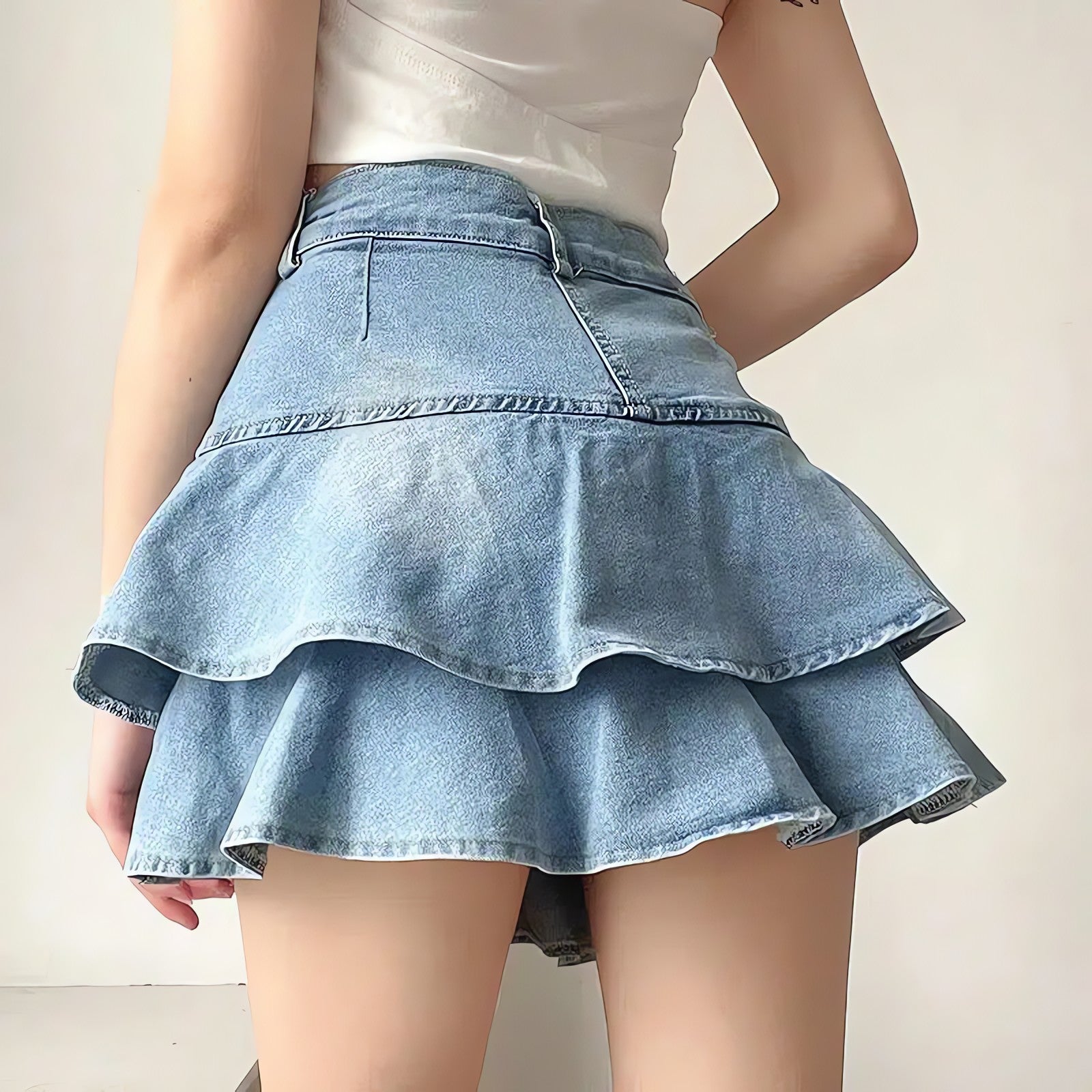 Layered Ruffled Denim Mini Skirt - KAYSMAR