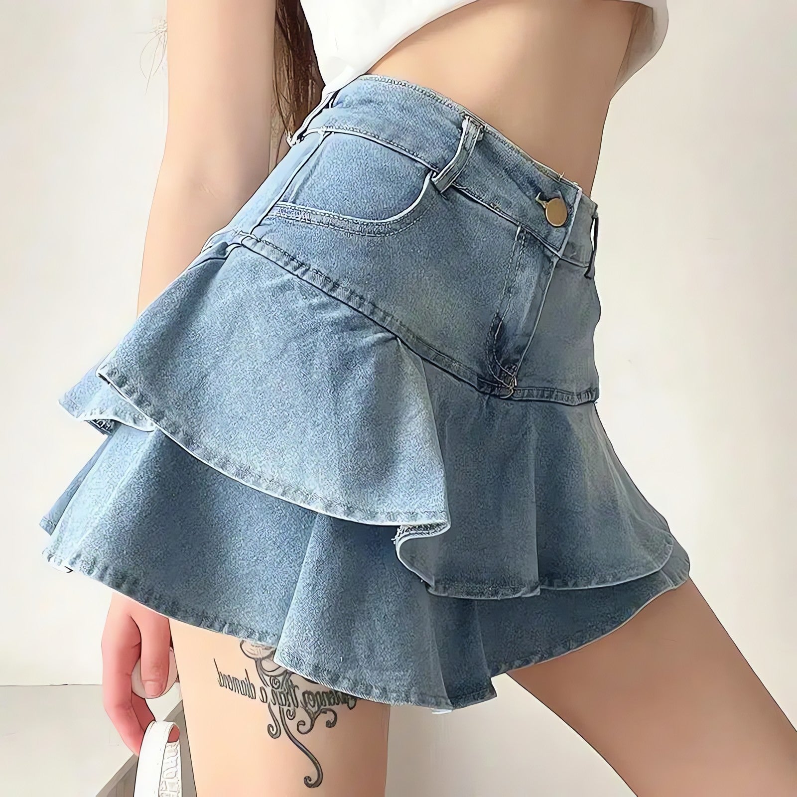 Layered Ruffled Denim Mini Skirt - KAYSMAR
