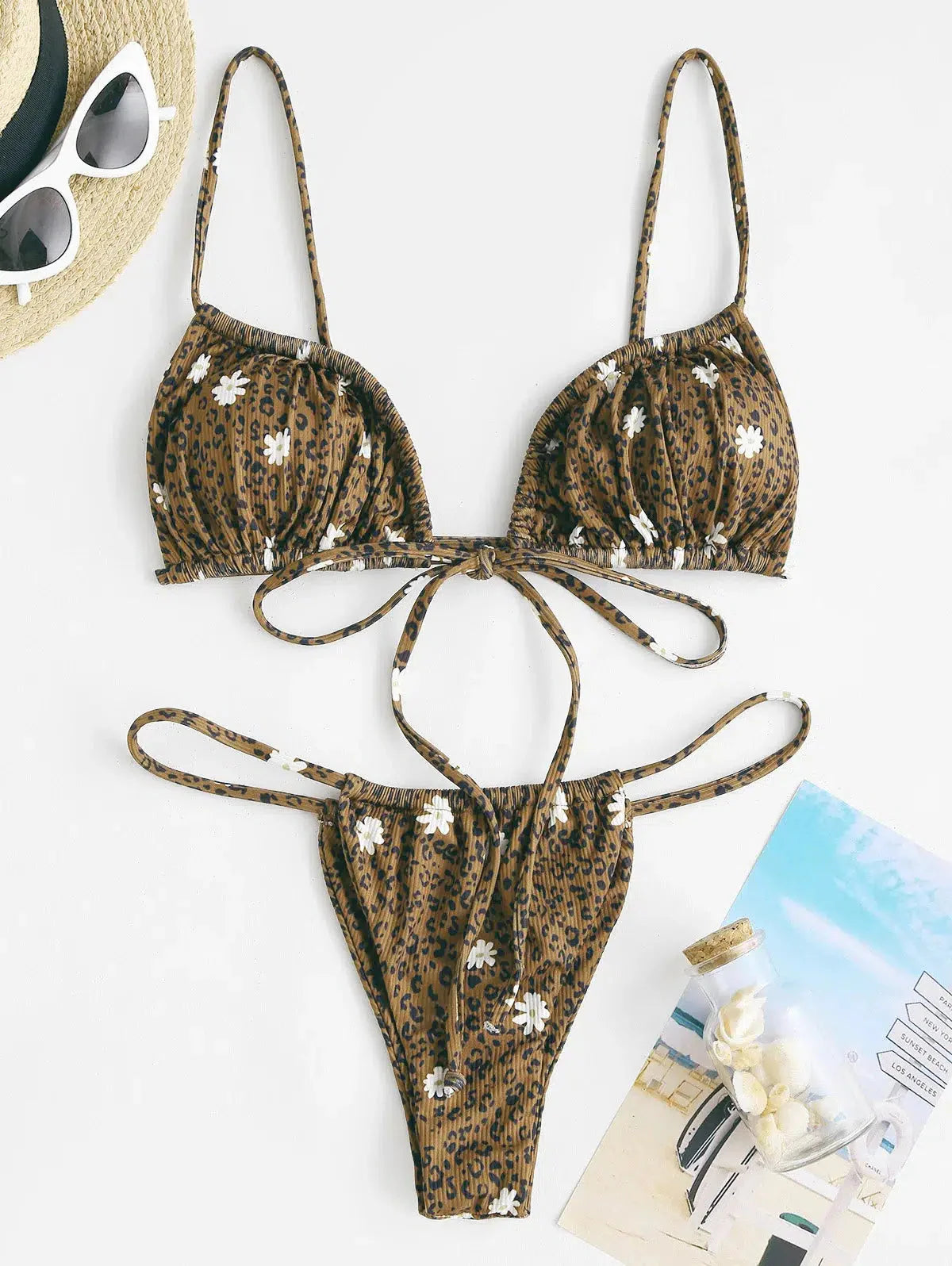 Leopard Daisy Drawstring Bikini Set - KAYSMAR