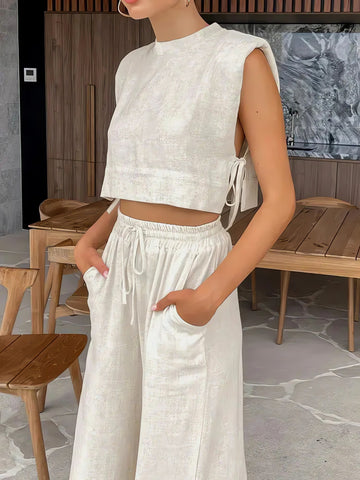 Linen Lace Up Crop Top & Pants Two Piece Set - KAYSMAR