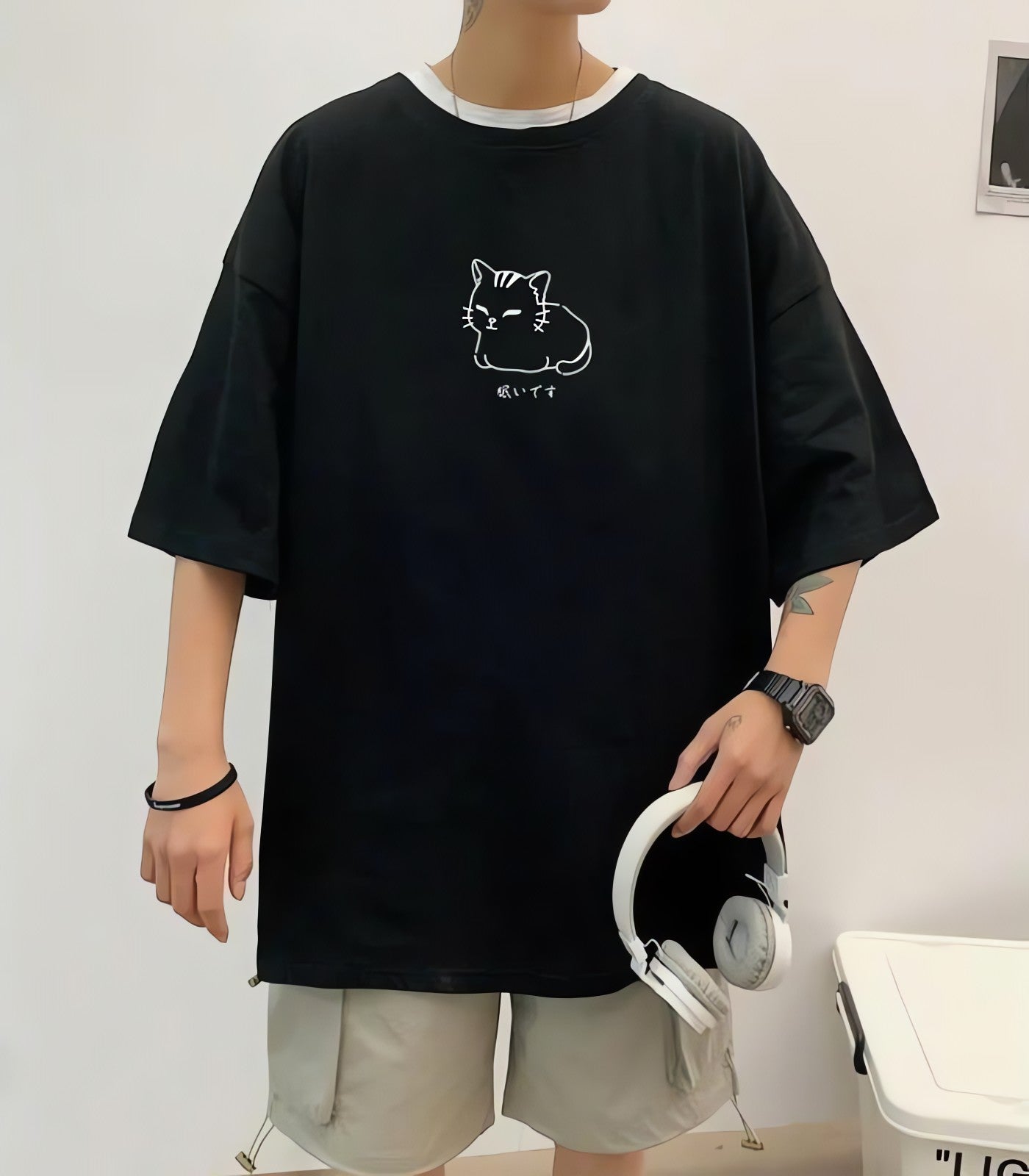Lying Cat Drop Shoulder Tee - KAYSMAR