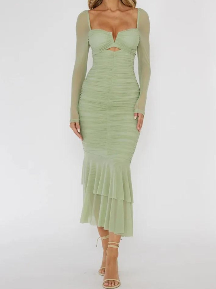 Mesh Ruched Bodycon Midi Dress - KAYSMAR