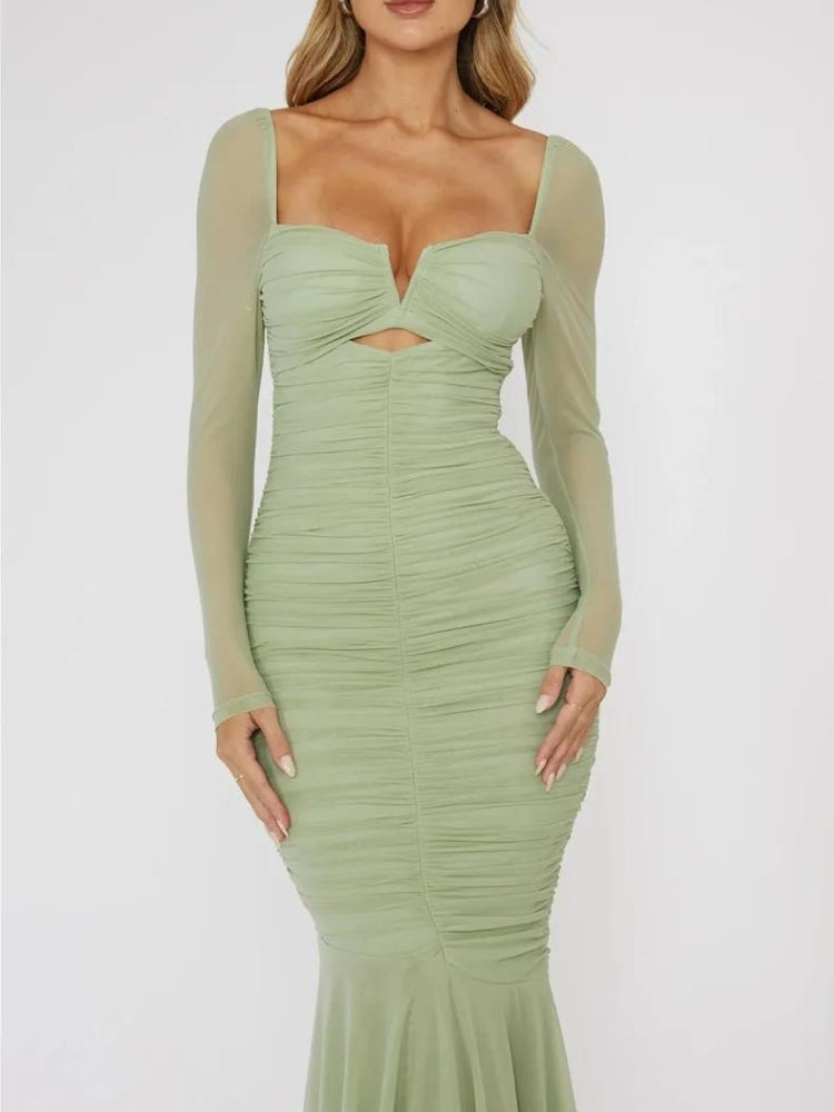 Mesh Ruched Bodycon Midi Dress - KAYSMAR