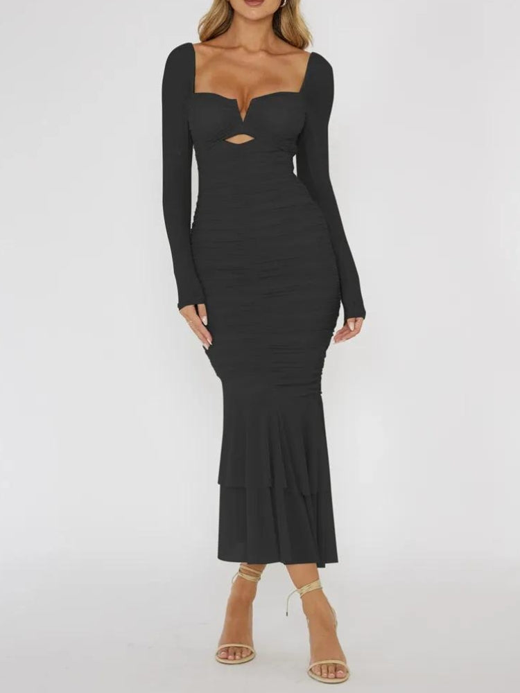 Mesh Ruched Bodycon Midi Dress - KAYSMAR