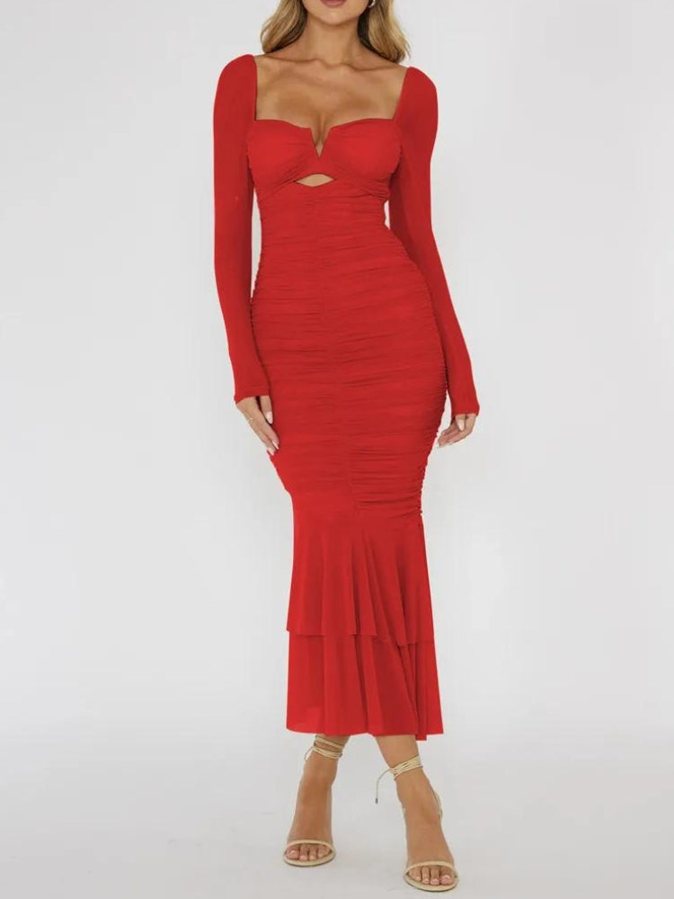 Mesh Ruched Bodycon Midi Dress - KAYSMAR