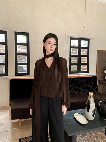 Neck Tie Sheer Mesh Blouse - KAYSMAR