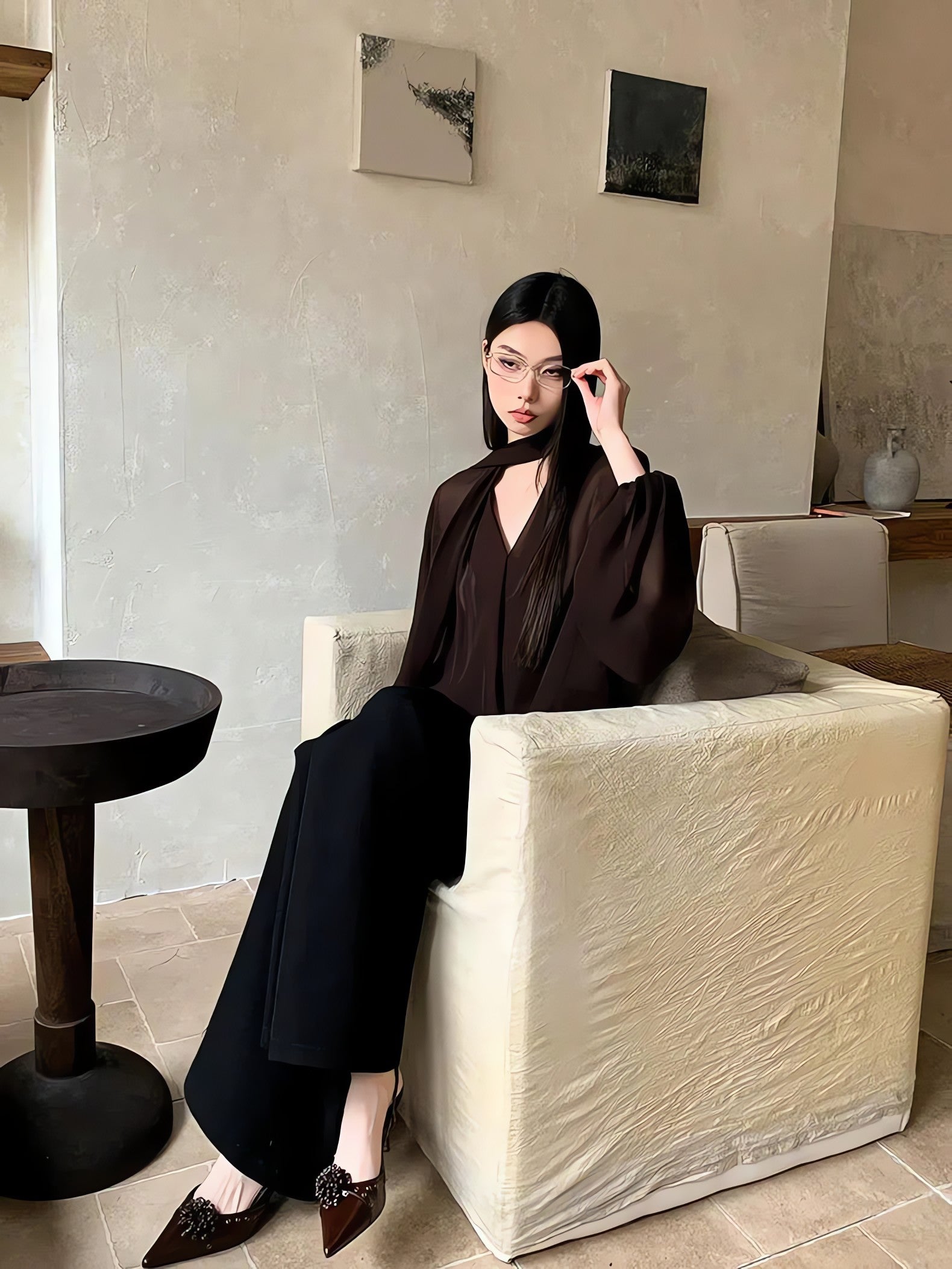 Neck Tie Sheer Mesh Blouse - KAYSMAR