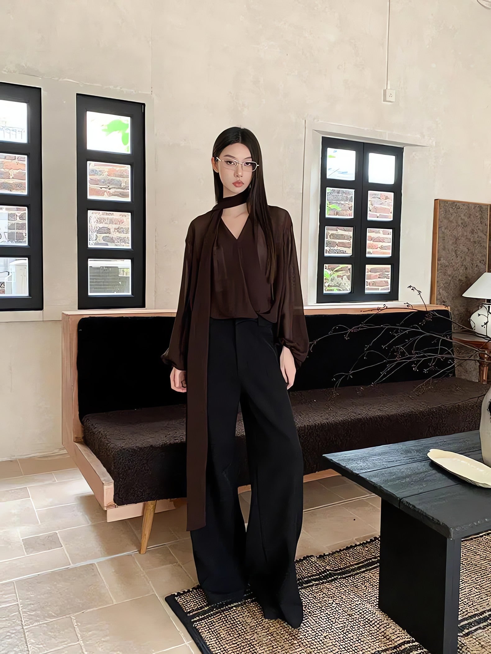 Neck Tie Sheer Mesh Blouse - KAYSMAR