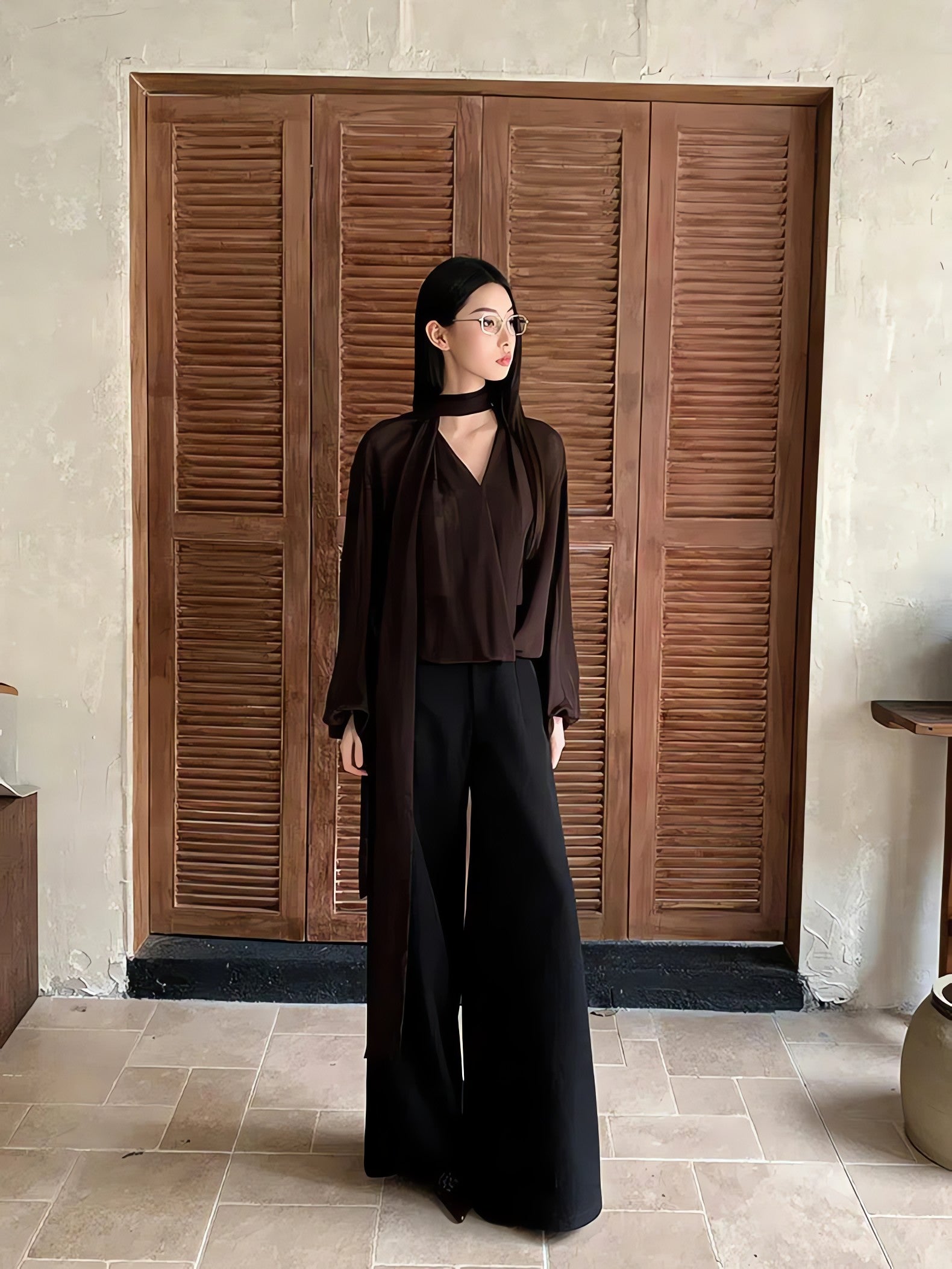 Neck Tie Sheer Mesh Blouse - KAYSMAR