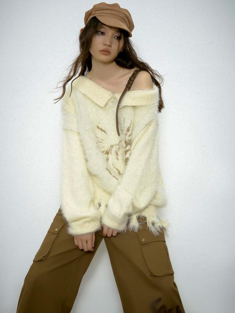 Off Shoulder Distressed Knit Sweater - KAYSMAR