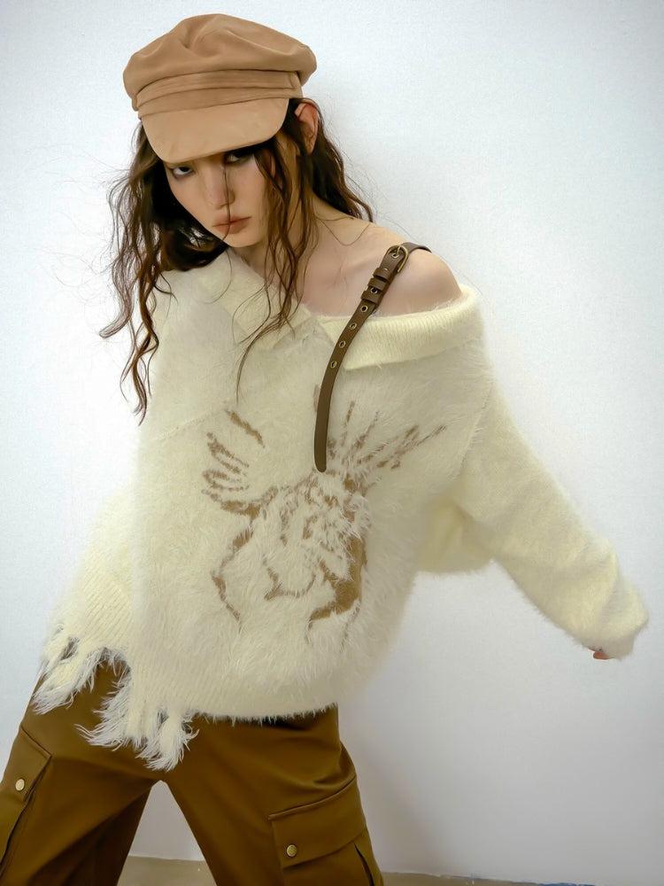 Off Shoulder Distressed Knit Sweater - KAYSMAR