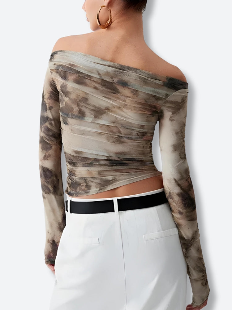 Off Shoulder Ruched Mesh Top - KAYSMAR
