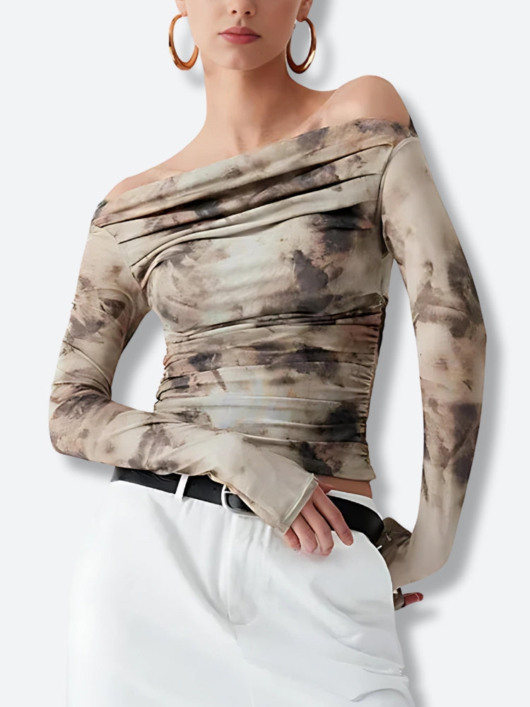 Off Shoulder Ruched Mesh Top - KAYSMAR