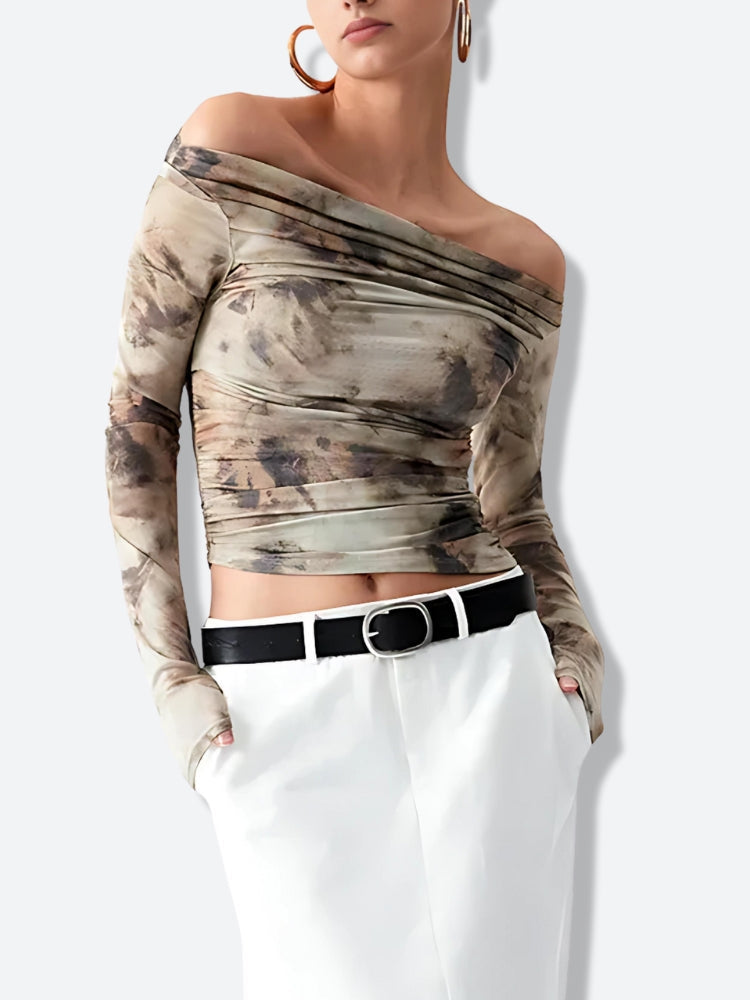 Off Shoulder Ruched Mesh Top - KAYSMAR