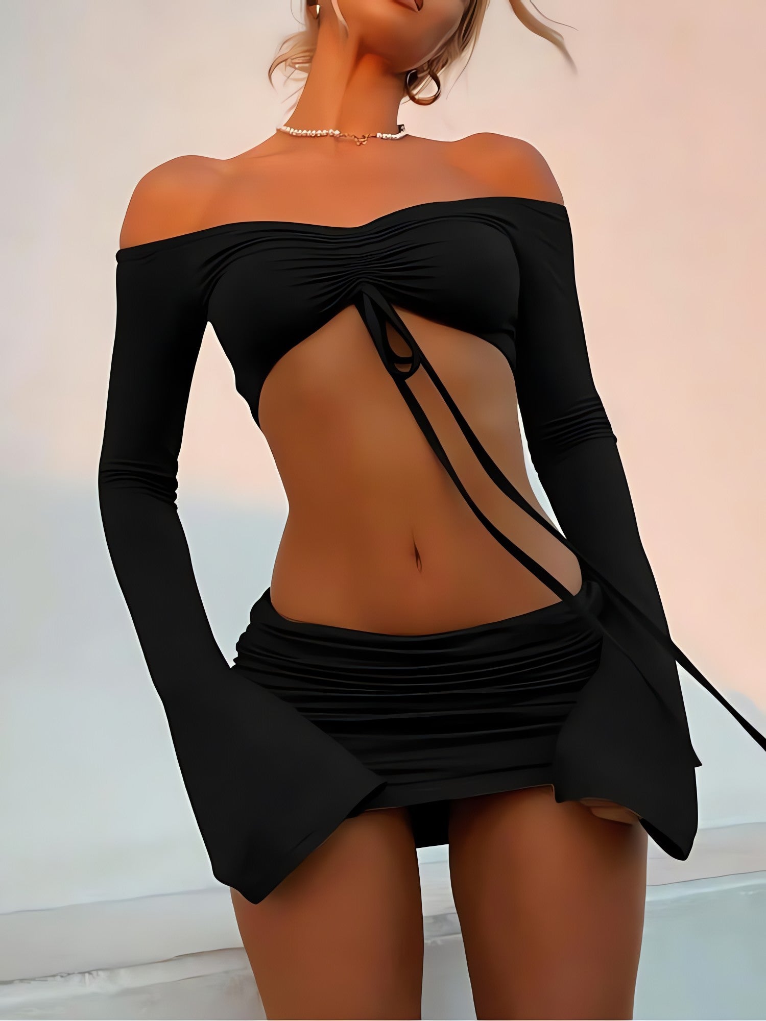 Off Shoulder Crop Top & Mini Skirt Two Piece Set - KAYSMAR