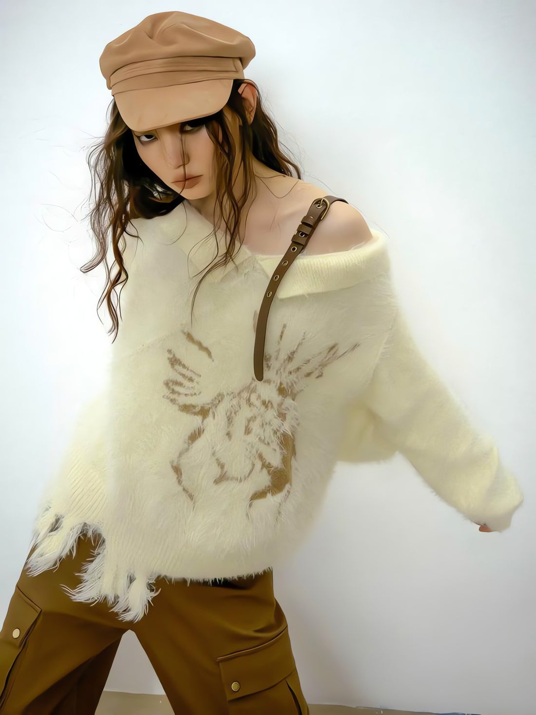 Off Shoulder Distressed Knit Sweater - KAYSMAR
