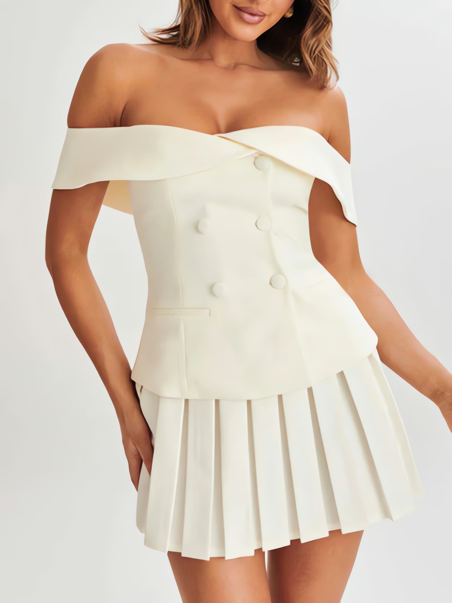 Off Shoulder Top & Pleated Mini Skirt Two Piece Set - KAYSMAR