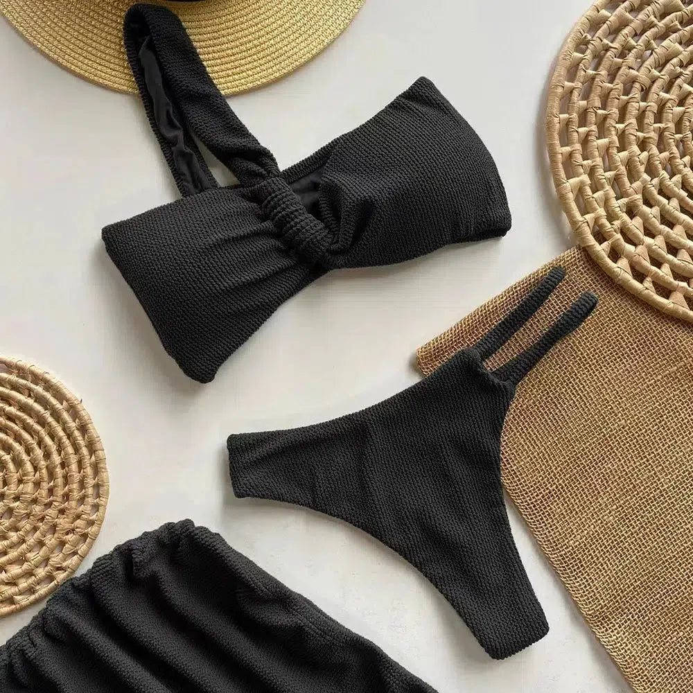 One Shoulder Cut Out Three Piece Bikini Set - KAYSMAR