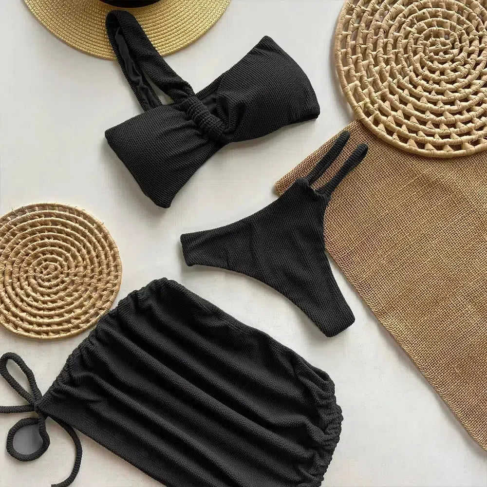 One Shoulder Cut Out Three Piece Bikini Set - KAYSMAR