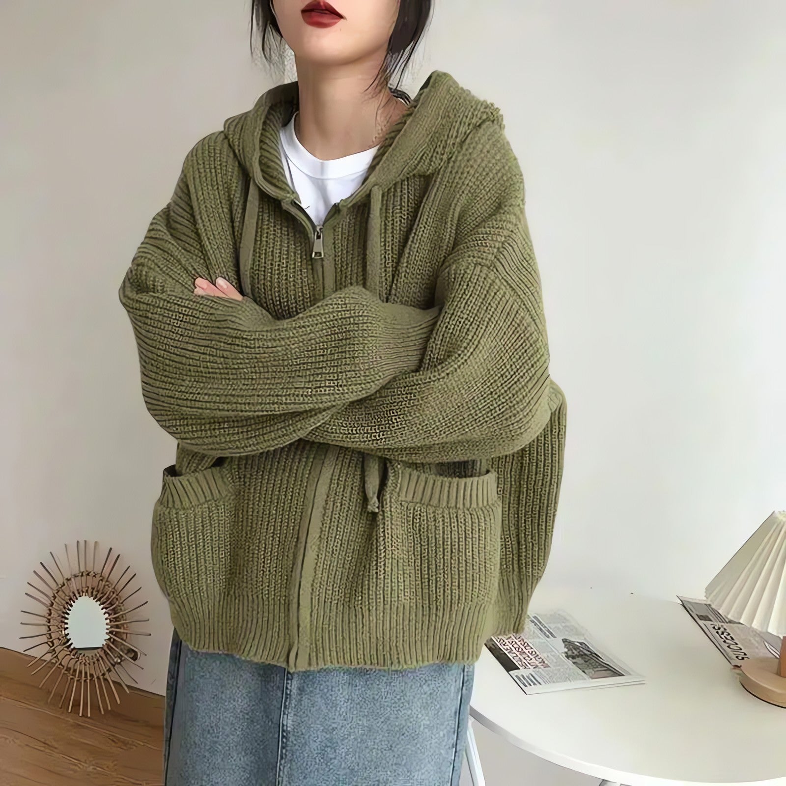Oversized Knitted Hooded Cardigan - KAYSMAR