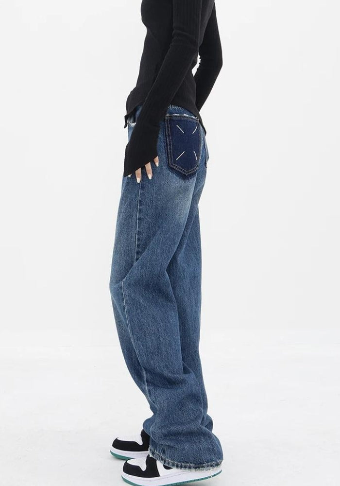 Patch Pocket Straight Leg Denim Jeans - KAYSMAR