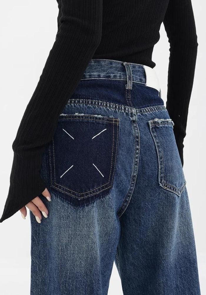 Patch Pocket Straight Leg Denim Jeans - KAYSMAR