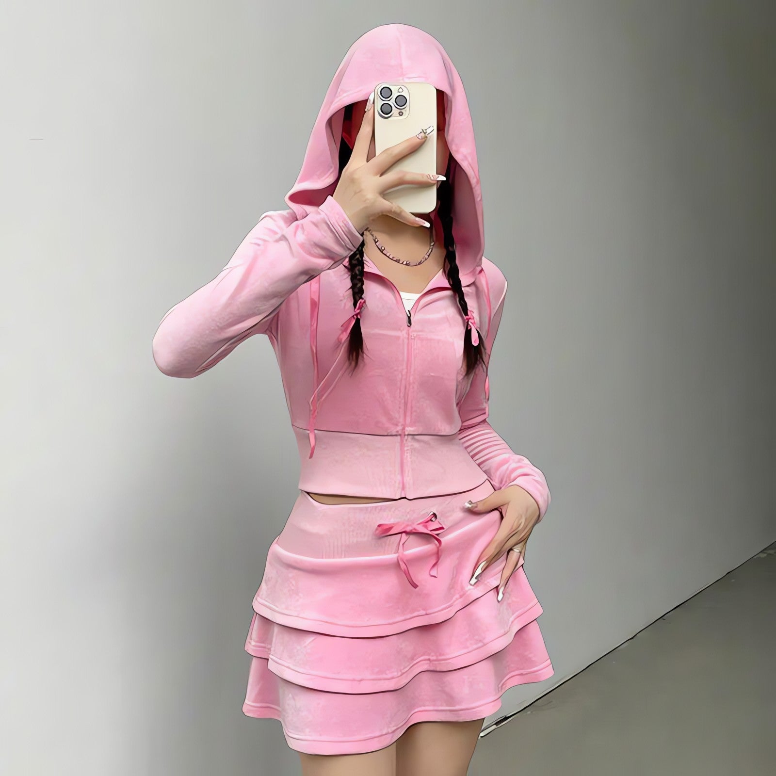 Pink Aesthetic Skirt & Hoodie Two Piece Set - KAYSMAR